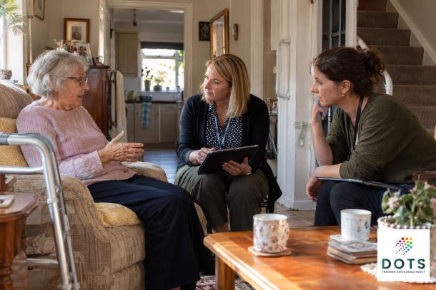 Occupational Therapist and Trusted Assessor discussing equipment and home adaptation needs during a community assessment