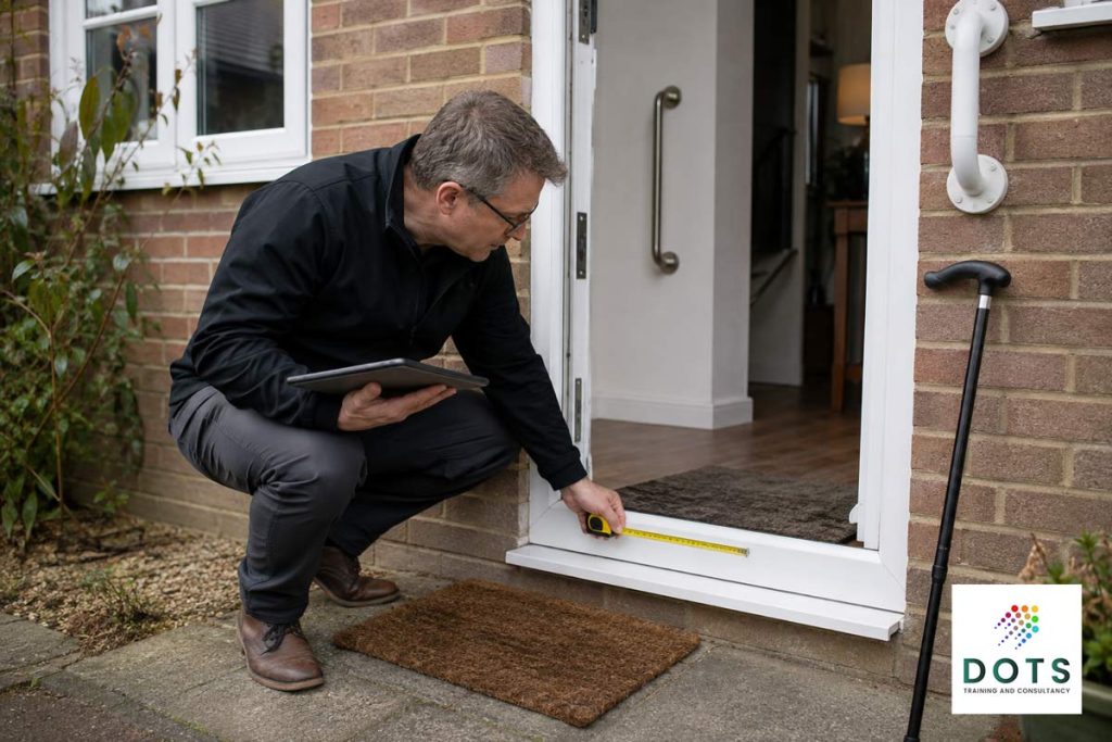 Assessor reviewing a threshold step and home access risk during an equipment and adaptations assessment