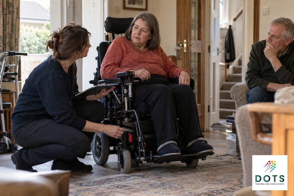 Occupational Therapist carrying out a complex home assessment involving specialist equipment and mobility needs
