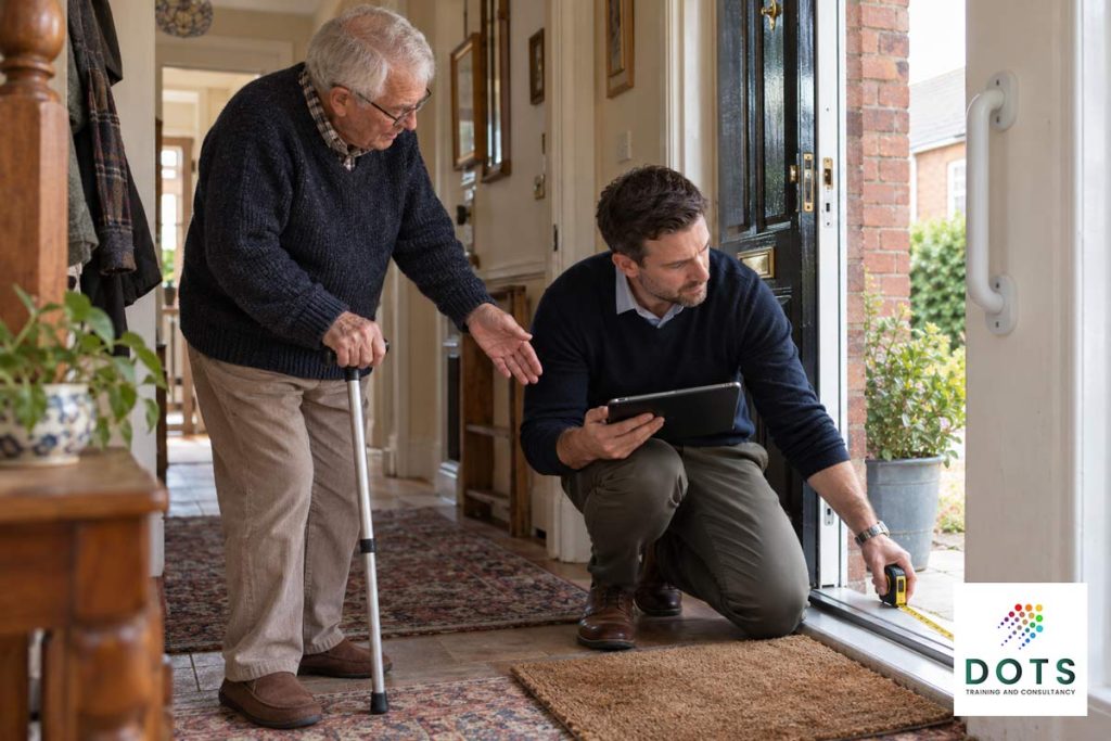 Trusted Assessor assessing a straightforward grab rail and mobility need in a person's home