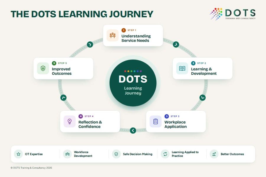 DOTS Learning Journey infographic showing the workforce development process from understanding service needs through training, workplace application, reflection and improved outcomes.