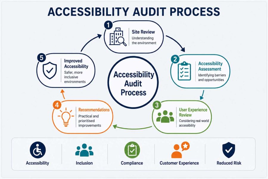 Accessibility audit process infographic showing five stages from site review and accessibility assessment through to recommendations and improved accessibility.