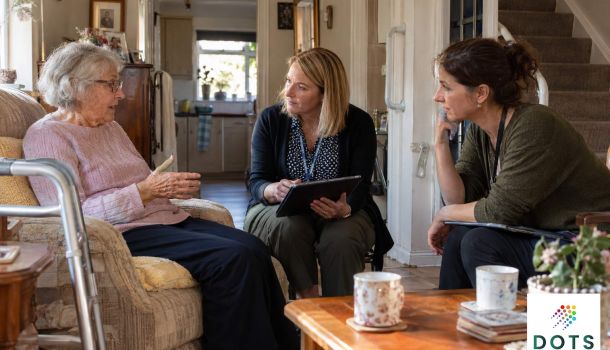 Occupational Therapist and Trusted Assessor discussing equipment and home adaptation needs during a community assessment