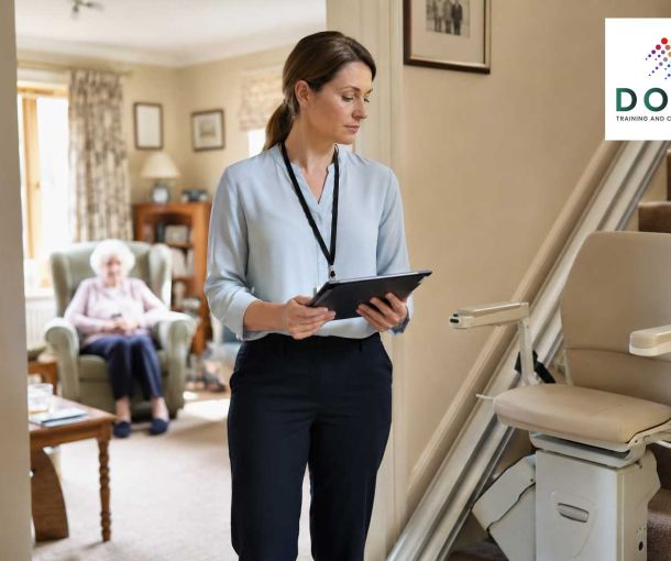 Occupational therapy assessor reviewing a stairlift and home environment during a community assessment