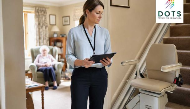 Occupational therapy assessor reviewing a stairlift and home environment during a community assessment