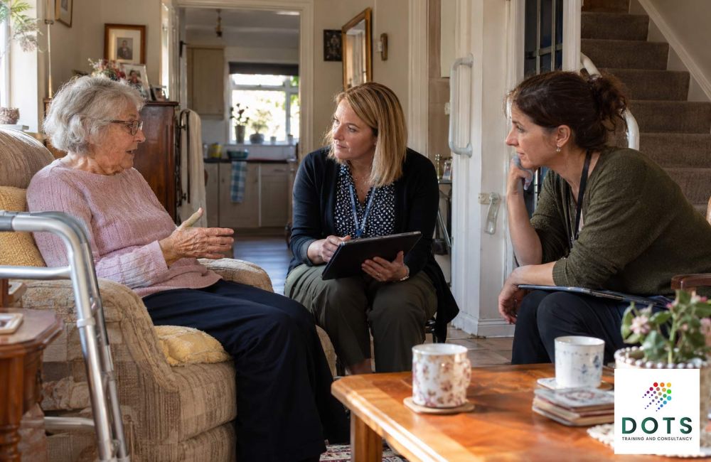 Occupational Therapist and Trusted Assessor discussing equipment and home adaptation needs during a community assessment
