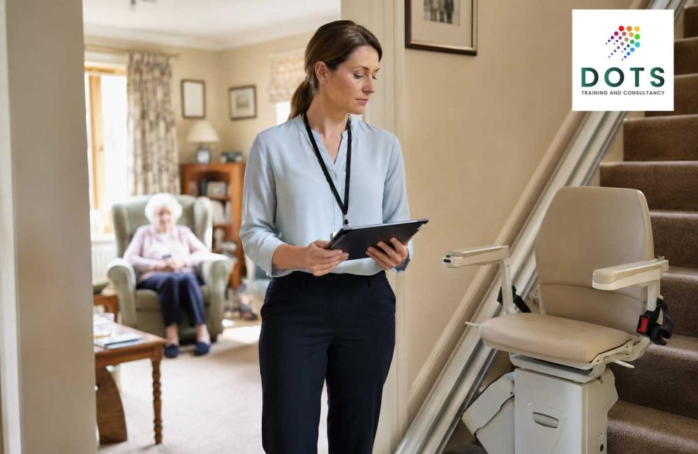 Occupational therapy assessor reviewing a stairlift and home environment during a community assessment