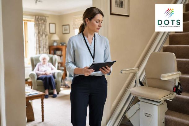 Occupational therapy assessor reviewing a stairlift and home environment during a community assessment